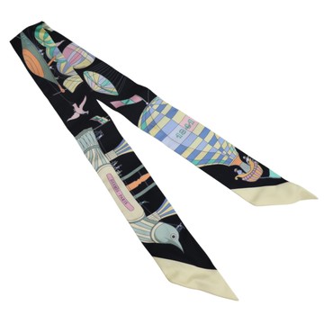 HERMES 愛馬仕 黑色 絲綢 絲巾 Les Folies du Ciel Twilly 【二手名牌BRAND OFF】
