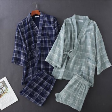 新純棉梭織雙層紗布縐布 男女情侶款和服浴衣格子睡衣套裝家居2-1