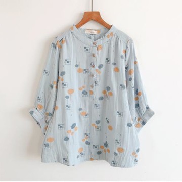 日系安靜的棉紗上衣 清新植物系印花 氣質立領雙層棉紗襯衫女七分