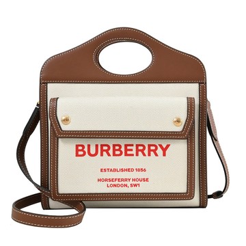BURBERRY 8037401 Mini Pocket 燙印LOGO帆布兩用包.咖邊