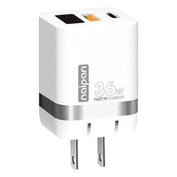 naipan 雙孔快充數顯充電器 36W PD3.0 QC3.0  白色  1個