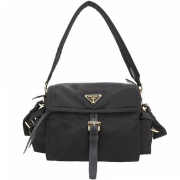 PRADA 普拉達 Explore Re-Nylon 中款 金三角牌雙袋尼龍皮釦翻蓋手提 肩斜背包(黑色)