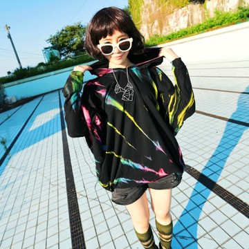古著 彩色煙花放射狀刷色連帽寬上衣