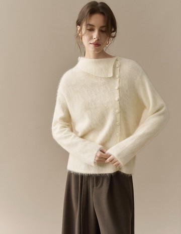 法式復古 / 不對稱排扣針織毛衣/ 羊毛