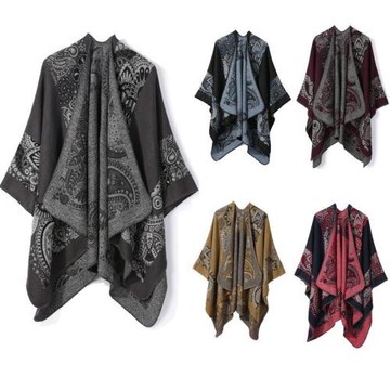 新款四季外搭民族風印花度假加長開叉披肩女保暖斗篷熱賣 shawl