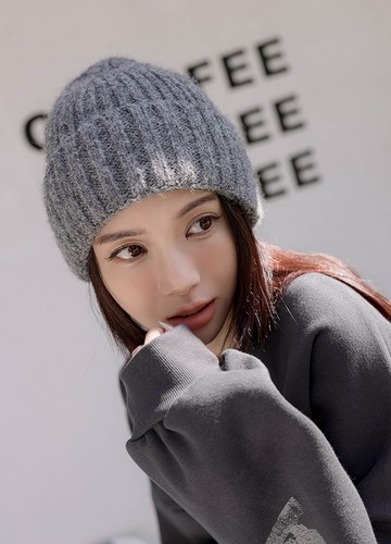 混色線坑條毛帽