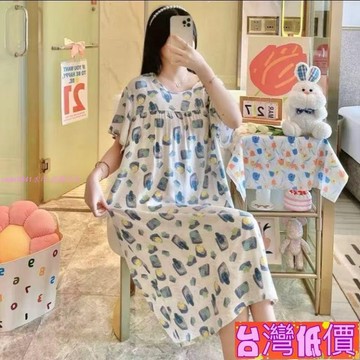 悅裳💎台灣免運💎棉綢睡裙女夏季薄款睡衣家居裙新款短袖綿綢少女媽媽裝加大尺碼居家服睡衣短袖短袖睡衣日系睡衣女睡衣可外穿
