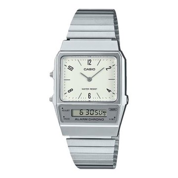 【CASIO 卡西歐】復刻時尚 雙顯指針錶 簡約白 不鏽鋼錶帶 生活防水 AQ-800E (AQ-800E-7A2)