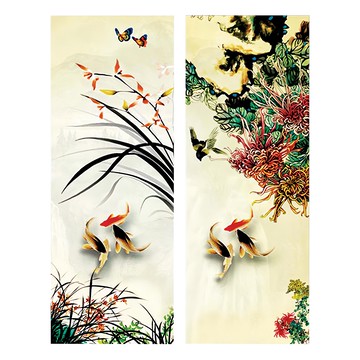 24mama 二聯式 竹 櫻花 動物 魚 無框畫 80 x 30cm  無框