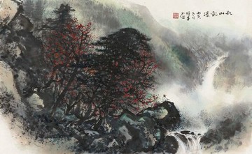 黎雄才 丙寅 秋山觀瀑 50x30厘米 中國畫 復制微噴畫心 山水畫