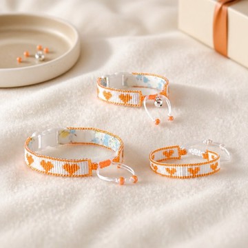 【與愛貓同款】夏日剉冰芒果 愛心珠飾編織貓咪項圈與手鍊 Matching Cat Collar and Bracelet