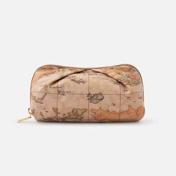 【Alviero Martini 義大利地圖包】PU尼龍拉鍊立體化妝包21cm-地圖黃