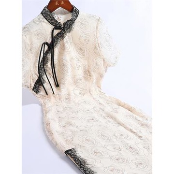 戚薇改良米色旗袍夏季新款2024少女年輕款清新復古氣質國風連衣裙