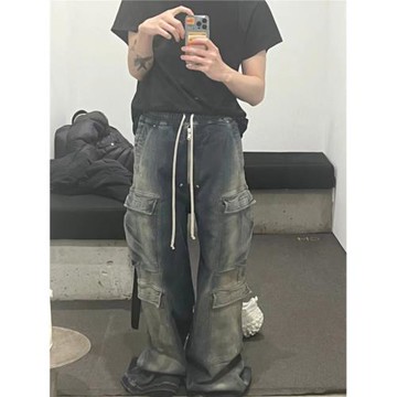 正確未動版型 RO風格 capper同款闊腿水洗藍牛仔褲漸變男女工裝褲