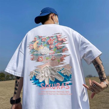 油畫印花T恤男生夏季重磅短袖上衣ins情侶五分袖oversize夏裝大碼