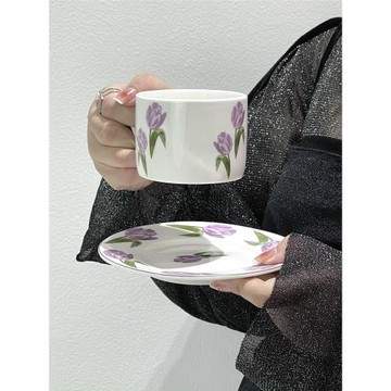 復古ins中古風柔美油畫系郁金香咖啡杯碟早餐杯拿鐵杯下午茶水杯