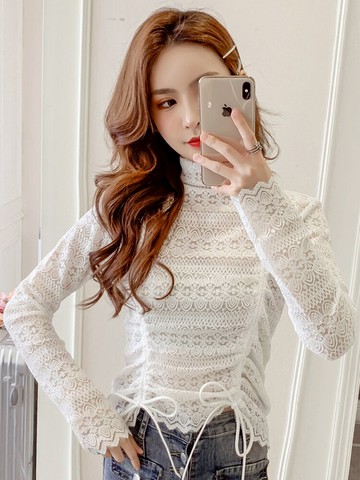 蕾絲打底衫女秋冬季年新款半高領長袖百搭抽繩系帶襯衫上衣潮1入