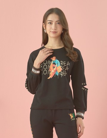 ★【喜芝梅】織夢女子 復古派對風昧尚印花圓領休閒長袖上衣(黑色；M-XL) 224070653