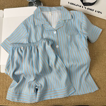 韓系簡約家居服兩件套 雲朵棉短袖短褲睡衣 夏季新款睡衣女 撞色條紋開衫 寬鬆舒適居家服 學生睡衣 休閒服