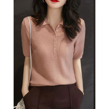 高端polo領短袖t恤女夏薄款時尚洋氣寬松顯瘦正肩t半袖冰絲針織衫