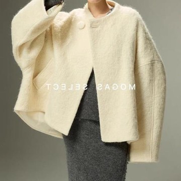 高級感輕奢馬海羊駝毛慵懶風蝙蝠袖毛呢大衣短款外套女2024秋冬