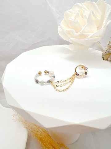 耳環。珍珠 菫青石 三層細鍊耳骨夾 針式夾式 單邊