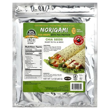 Norigami, 豌豆蛋白質雞蛋捲餅皮，奇亞籽，10 張薄捲餅皮，1.4 盎司（40 克）