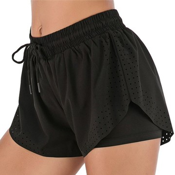 【OLRUN】雙層防走光透氣女運動短褲 海浪/黑