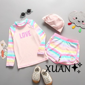Xuan♥韓風兒童泳衣女童中大童分體可愛彩虹條紋長袖防曬速乾運動衝浪服