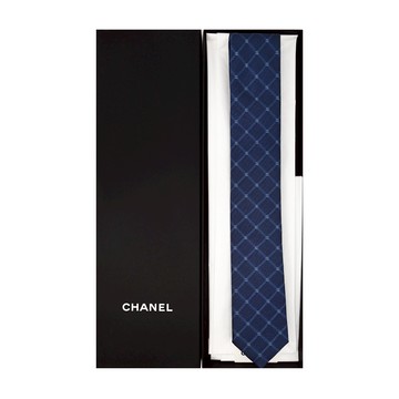 CHANEL 香奈兒 經典菱格紋真絲領帶(深藍)