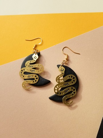 原創手作 Ocean On The Moon - 星辰月蛇軟陶耳環/耳夾
