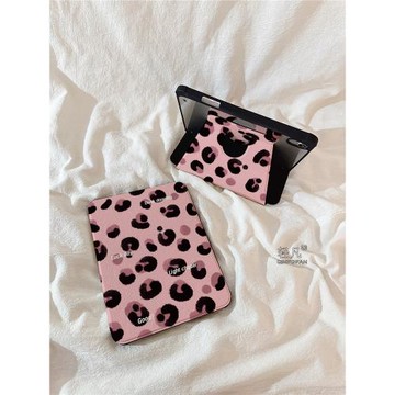 ins粉色英文豹紋適用蘋果ipad保護殼360旋轉支架iPad Air5帶筆槽10.2英寸新款ipad10平板ipad Pro高級保護套