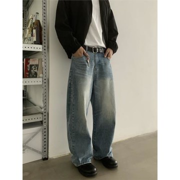 INKNOTS美式復古水洗做舊寬松彎刀牛仔褲男女潮牌直筒baggy休閑褲