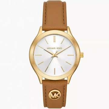 送禮首選★Michael Kors Slim Runway 棕色皮革手錶(MK7465)  附提袋【全館滿額折價★APP下單點數4倍送】線上購買享_實體門市同步服務