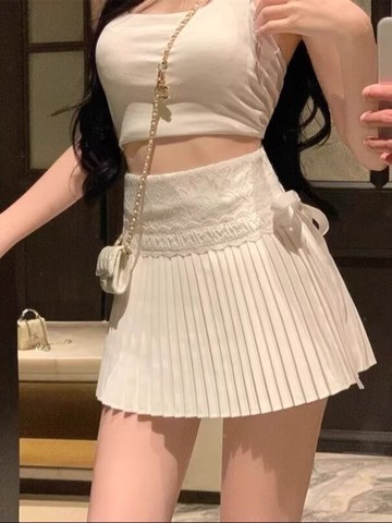 💕甜心大尺碼💕大尺碼短裙 2025新款純欲半身裙女防走光高腰蕾絲拼接系帶甜美百褶裙短裙子夏