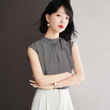 正品哥家新款夏季薄款無袖T恤千鳥格雪紡衫洋氣時髦氣質女裝上衣