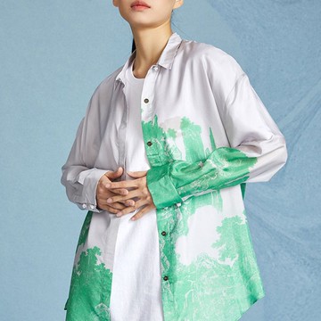 桑蠶絲印花襯衫 / 青綠山水上衣 / 新中式中國風襯衫
