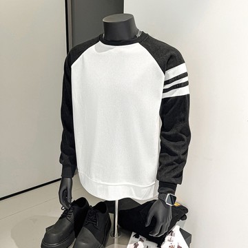 2025春秋季拼色圓領大學T男 休閒百搭條紋針織衫套頭打底衫男帥氣