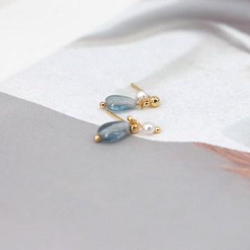 水滴透藍捷克珠×天然珍珠耳勾 耳環 手作輕珠寶 半寶石飾品