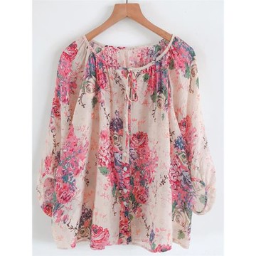 夏季輕薄款度假風上衣罩衫女 領口系帶大花印花寬松襯衫女七分袖