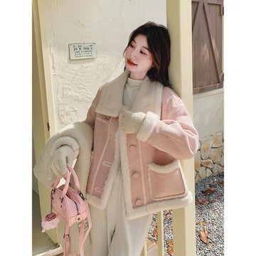 今年流行粉色皮毛一體羊羔毛短款外套女冬2025新款爆款小個子棉服