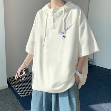 夏季連帽短袖t恤男設計感小眾學生7分袖衛衣ins潮大碼五分袖體恤
