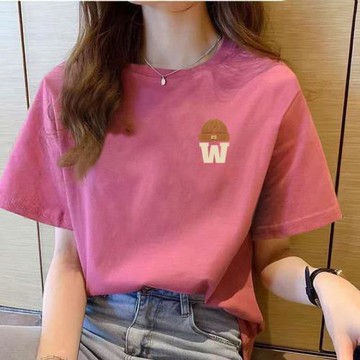 100%純棉短袖T恤女2025夏季新款桃紅寬松大碼圓領正肩體恤上衣潮