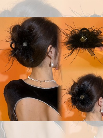 高級感水鉆羽毛抓夾女后腦勺盤發鯊魚夾子半扎發夾蓬松顯發量發卡