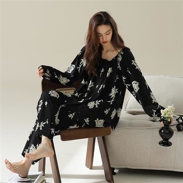 【巴黎精品】睡衣套裝長袖居家服-純棉花卉印花黑色女休閒服2款w1ad8