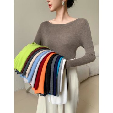 可機洗精紡純羊毛打底衫女2025秋冬新款一字領薄款針織長袖內搭