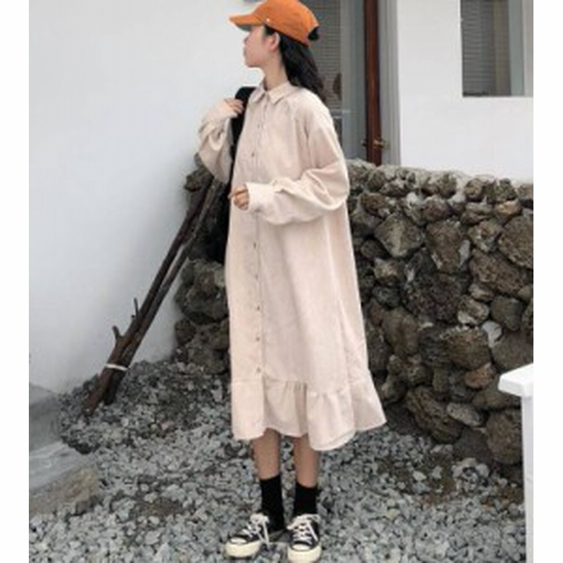 韓国 ファッション レディース ワンピース ワンピ ロング コーデュロイ 裾フリル 長袖 ゆったり レトロ ガーリー カジュアル シンプル 通販 Lineポイント最大1 0 Get Lineショッピング