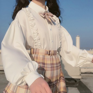 🤩限時促銷🤩日系軟妹襯衫 可愛花邊洛麗塔內搭長袖白襯衫 女學生韓版襯衫 寬松燈籠袖上衣