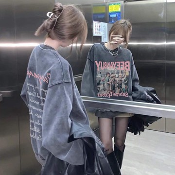 CHAOO 大學t 衛衣 水洗做舊 美式復古 長袖上衣 oversize 秋冬上衣 寬鬆上衣 外套女生 大學t 長袖