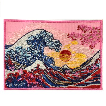 DIY刺繡徽章 神奈川沖浪裏 粉紅櫻花 日本浮世繪 PATCH 刺繡背膠補丁 袖標 布標 布貼 補丁 貼布繡 臂章 _廠商直送
